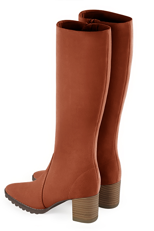 Terracotta orange women's riding knee-high boots. Round toe. Medium block heels. Made to measure. Rear view - Florence KOOIJMAN